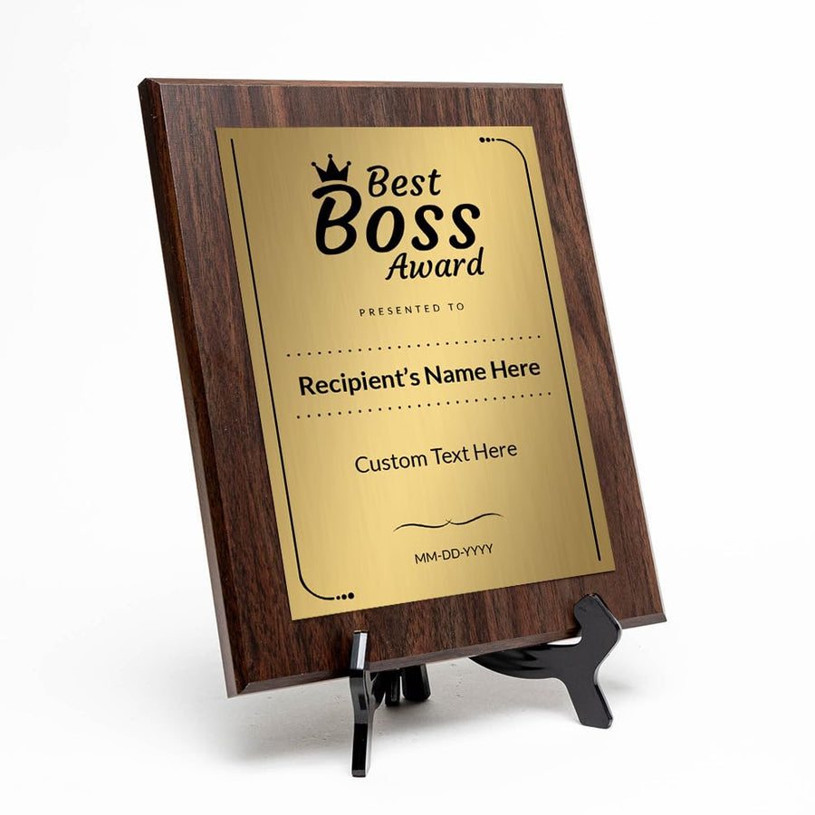 Full wooden best boss award plaque on an easel