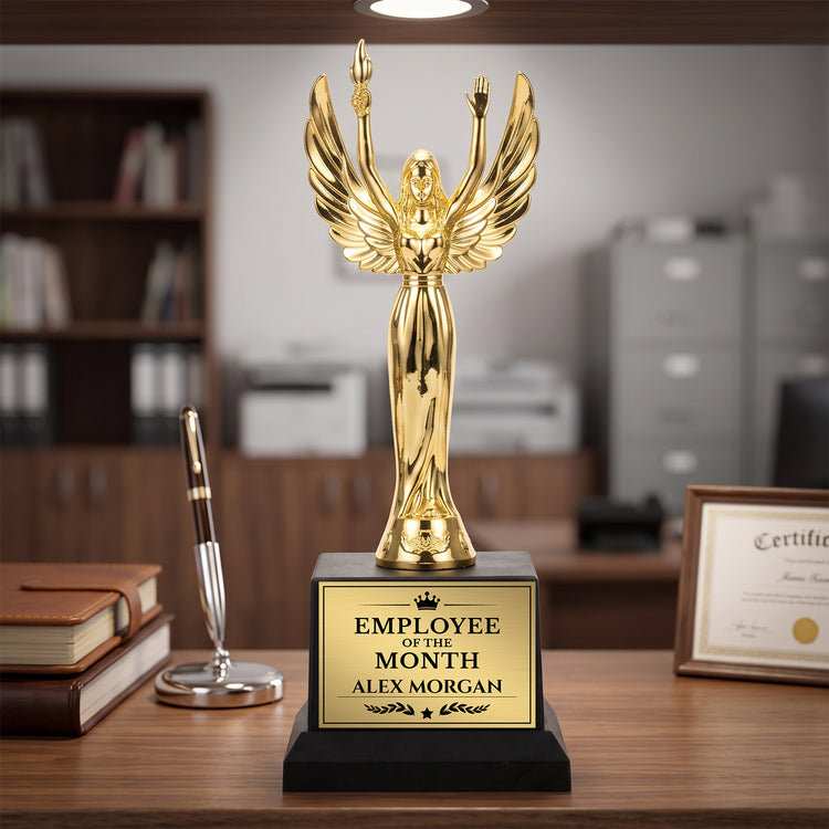 All Quality Employee of the Month Trophy, Winged Victory Figure, Custom Engraved — Personalized Monthly Workplace Recognition Award
