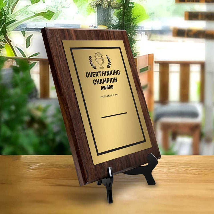 Overthinking Champion' Award Personalized Wall Plaque With Easel Acrylic Stand | Novelty/Funny Office Award Plaques