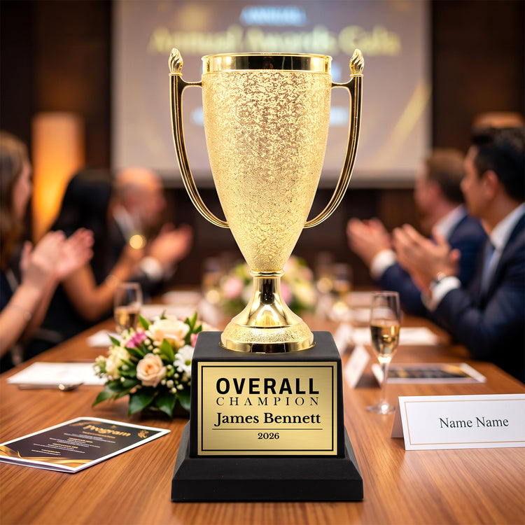 All Quality Overall Champion Cup Trophy, Custom Engraved Gold Cup — Personalized Overall Champion Award for Events & Competitions