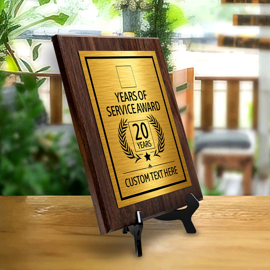 Years of Service Award Plaque — 20 Years Award Personalized (Wooden) Wall Plaque With Easel Acrylic Stand | Workplace Recognition Ceremonies Award Plaques