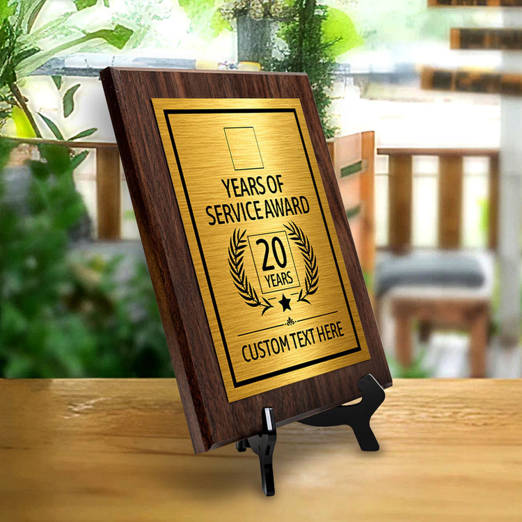 Years of Service Award Plaque — 20 Years Award Personalized (Wooden) Wall Plaque With Easel Acrylic Stand | Workplace Recognition Ceremonies Award Plaques