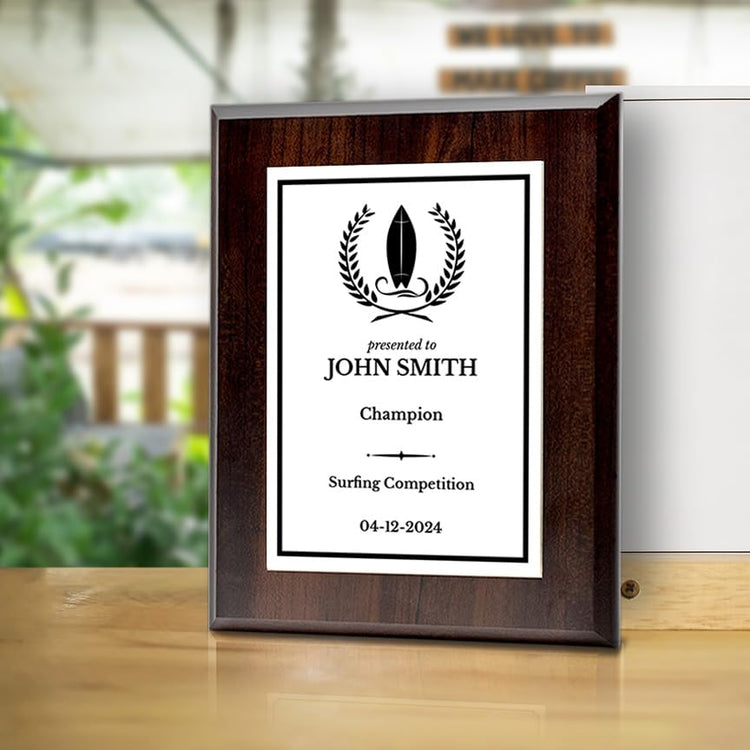 Surfing Customizable Wooden Award Plaque | Easel Mount Option | Achievement and Recognition Personalizable Plaques