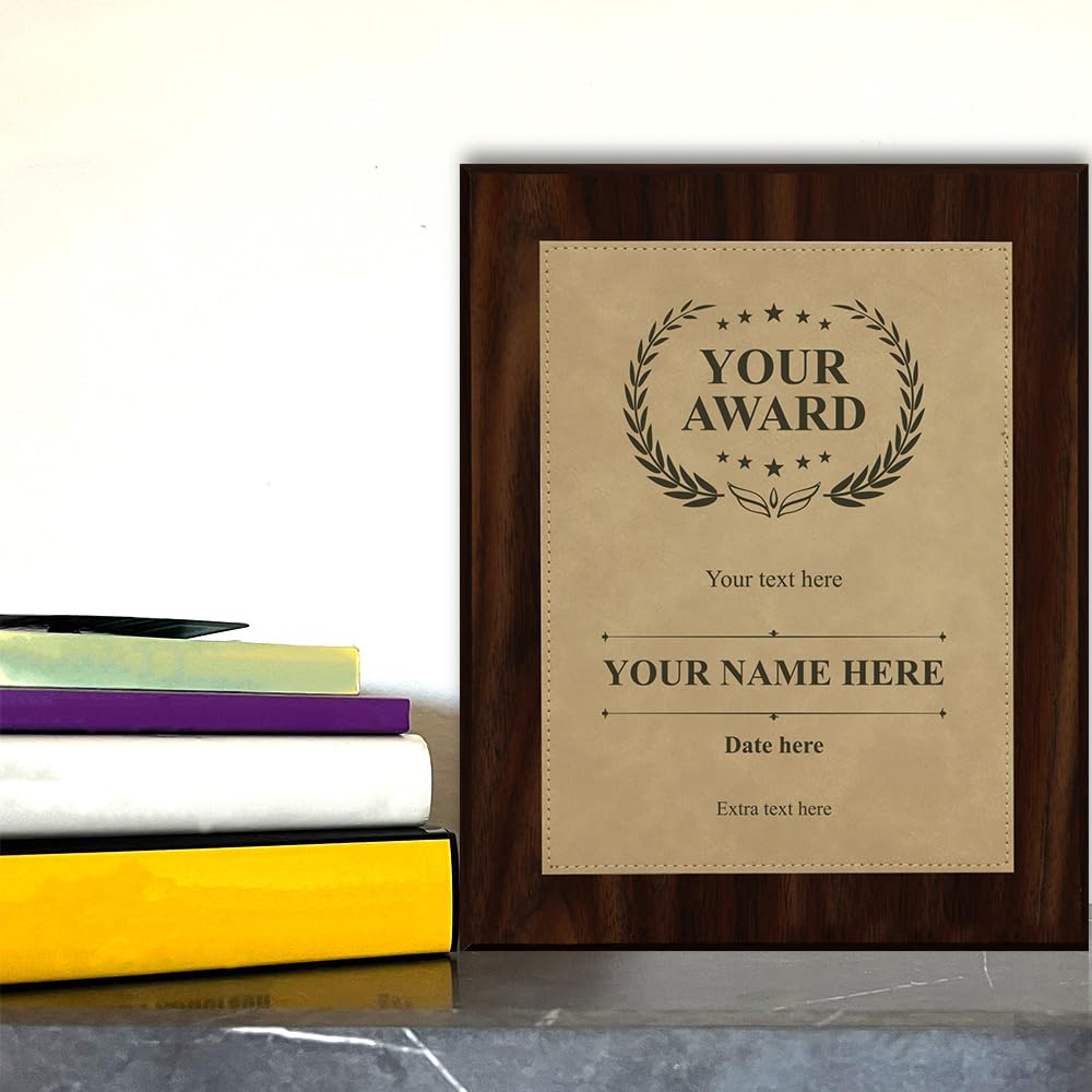 Customizable Leatherette Award Plaque, Wooden Frame Custom Wall Plaque With Optional Acrylic Easel Stand | Personalized Engraving