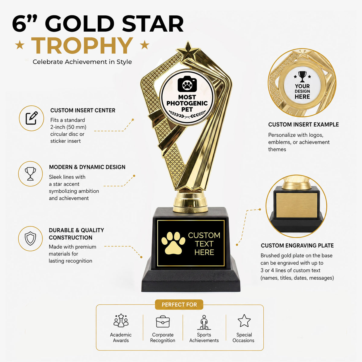 Gaucho Goods Most Photogenic Pet Trophy, Custom Engraved Pet Award — Personalized Award for Pet Photo Contests & Social Media Stars