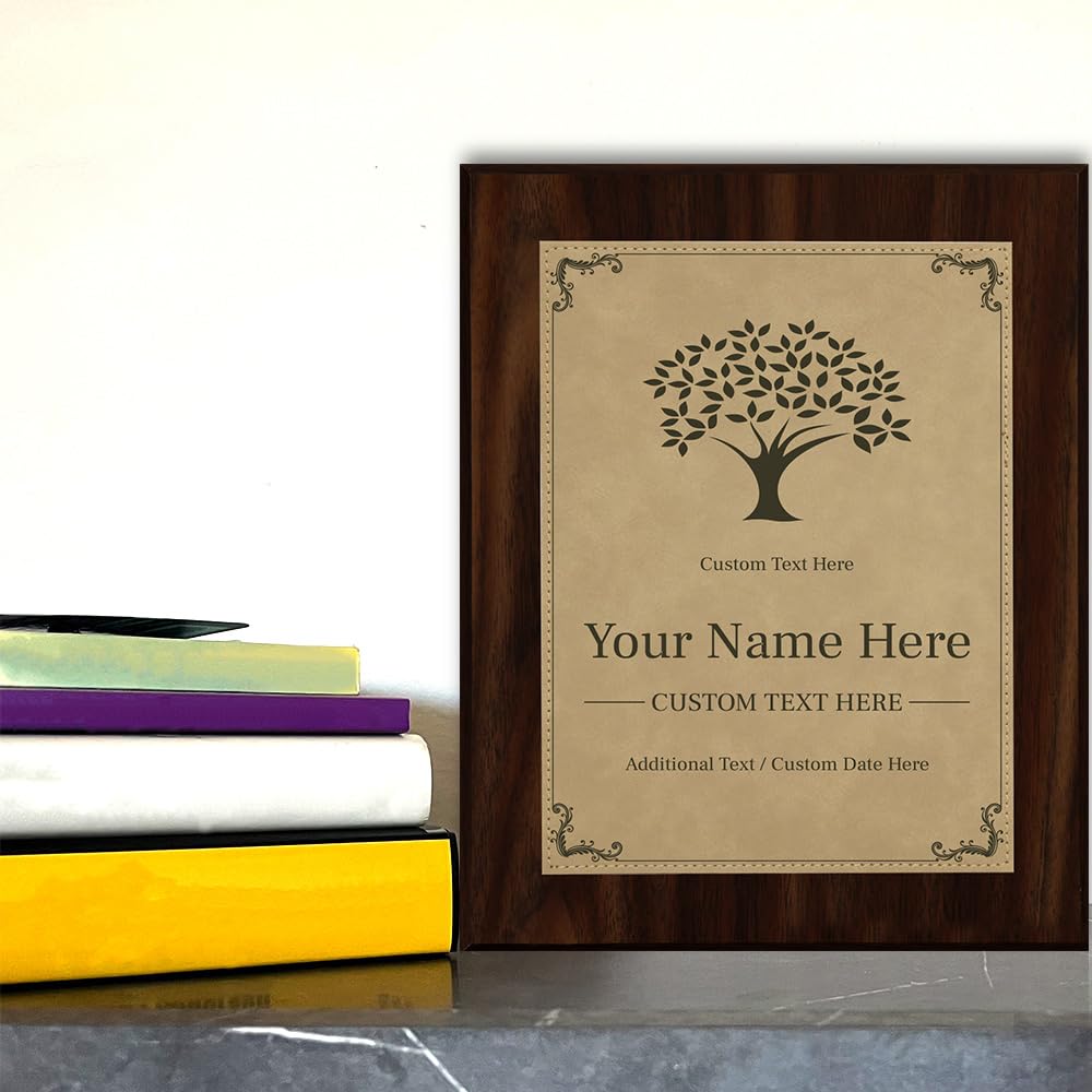 Tree Design Award Theme, Wooden Frame Customizable Leatherette Award Plaque | Easel Mount Option | Recognition of Achievement and Service Personalizable Plaques