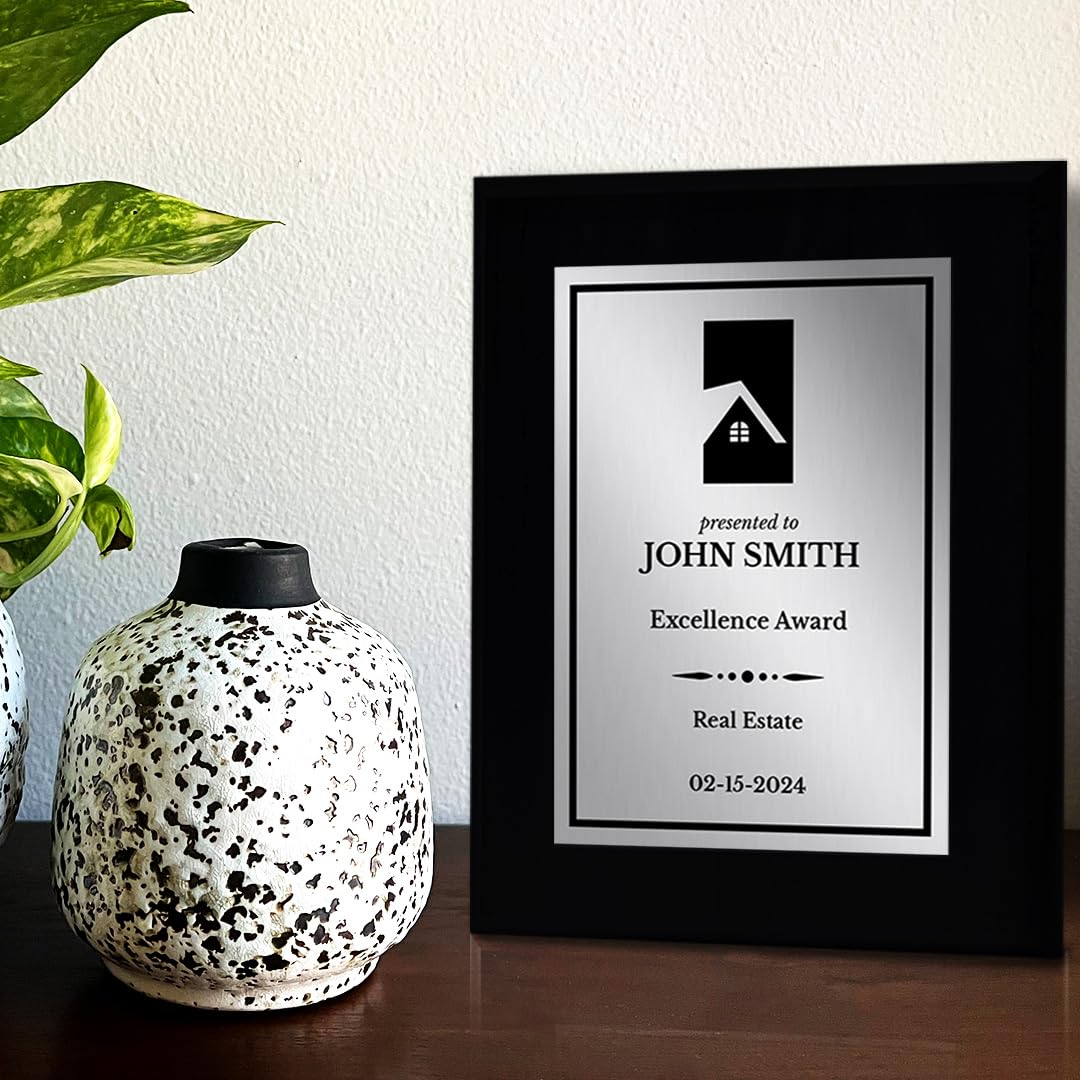 Real Estate Theme Customizable Black Frame Award Plaque | Easel Mount Option | Recognition of Achievement and Service Personalizable Plaques