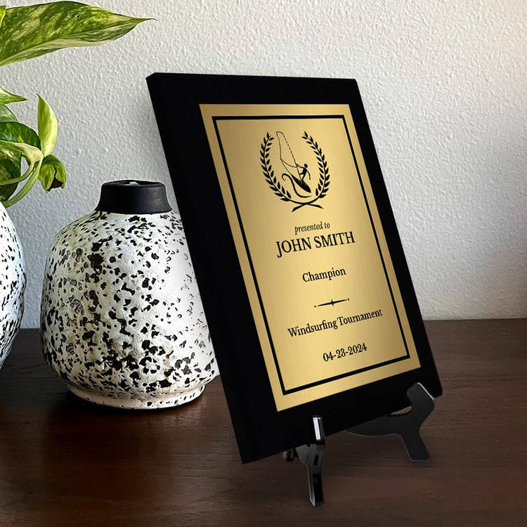 Windsurfing Customizable Black Frame Wooden Award Plaque | Easel Mount Option | Achievement and Recognition Personalizable Plaques | Sports Award