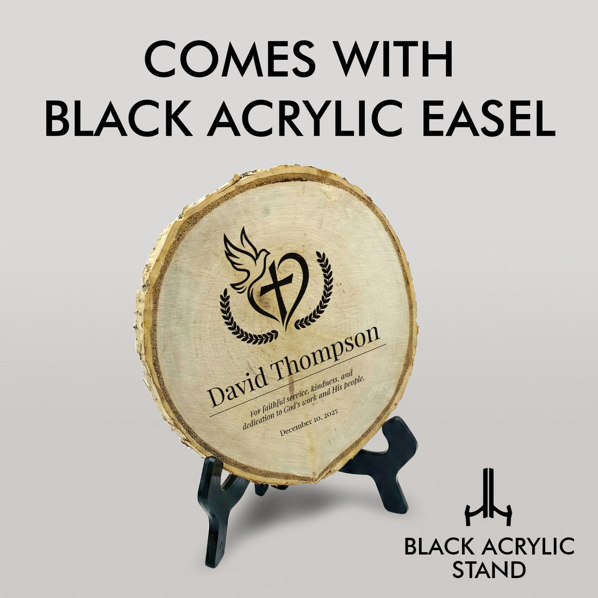 Customizable Rustic Round (Professional Award) Wood Signs – Natural Bark-Edge with a Sleek Black Acrylic Easel – For Counters, Doors & Walls