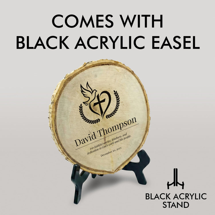 Customizable Rustic Round (Professional Award) Wood Signs – Natural Bark-Edge with a Sleek Black Acrylic Easel – For Counters, Doors & Walls
