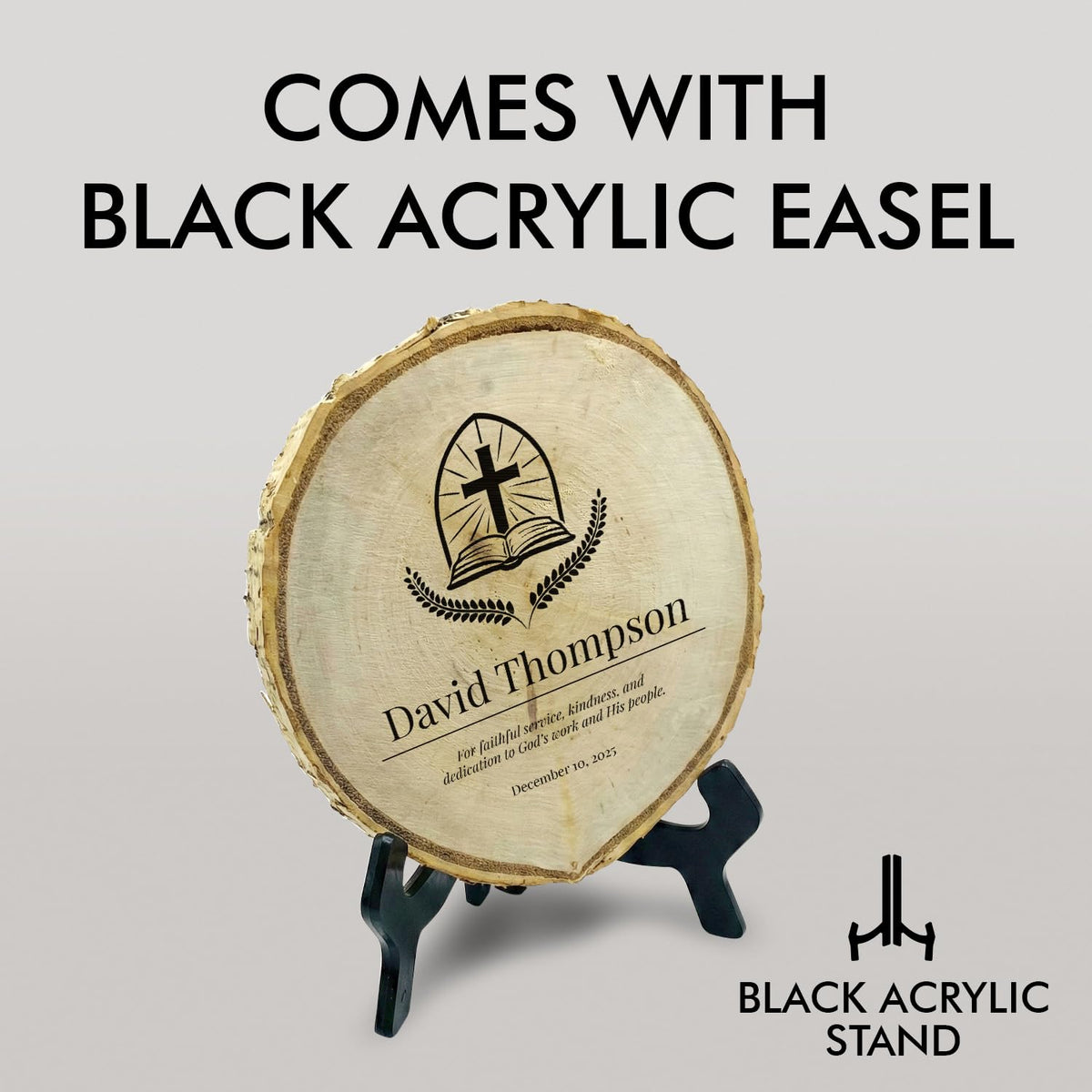 Customizable Rustic Round (Professional Award) Wood Signs – Natural Bark-Edge with a Sleek Black Acrylic Easel – For Counters, Doors & Walls