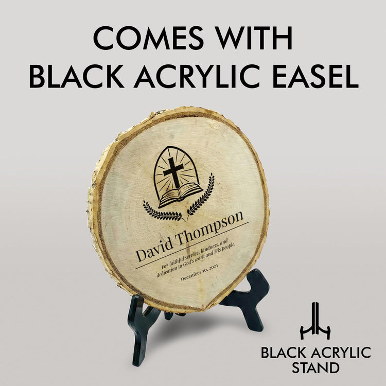 Customizable Rustic Round (Professional Award) Wood Signs – Natural Bark-Edge with a Sleek Black Acrylic Easel – For Counters, Doors & Walls