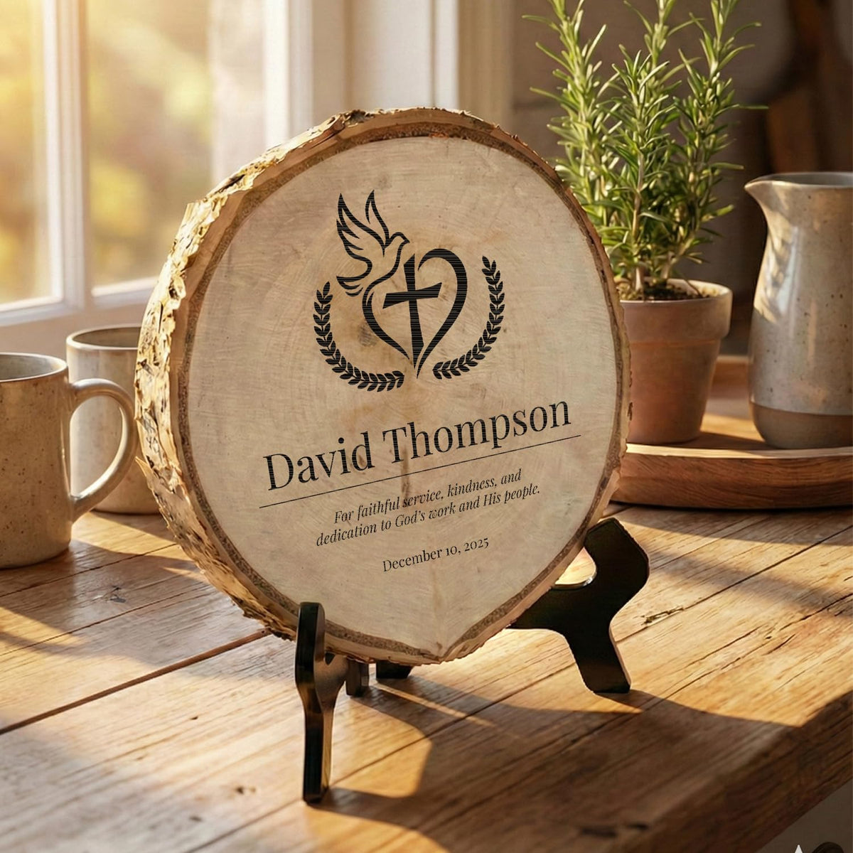 Customizable Rustic Round (Professional Award) Wood Signs – Natural Bark-Edge with a Sleek Black Acrylic Easel – For Counters, Doors & Walls