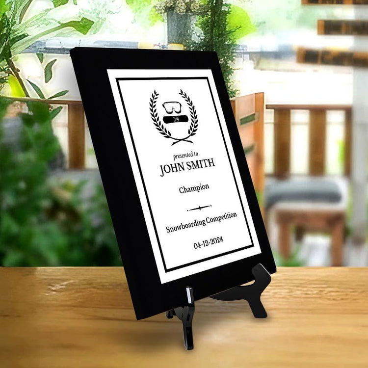 Snowboarding Customizable Black Frame Wooden Award Plaque | Easel Mount Option | Achievement and Recognition Personalizable Plaques