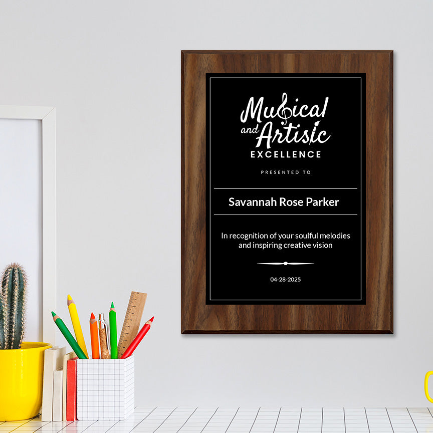 Musical and Artistic Excellence Certificate Custom Award Wall Plaque With Easel Acrylic Stand | Personal Achievement Wall Plaques