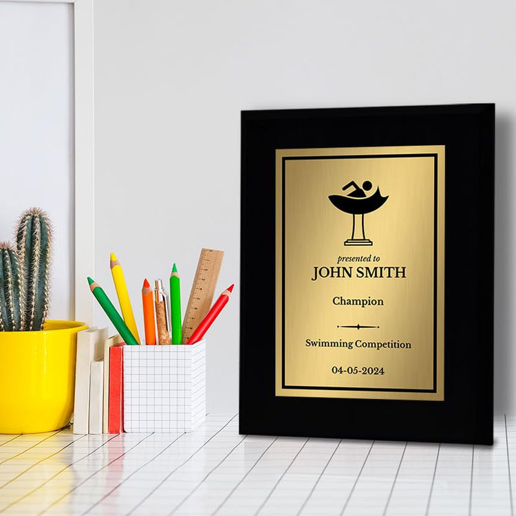 Swimming Customizable Black Frame Wooden Award Plaque | Easel Mount Option | Achievement and Recognition Personalizable Plaques