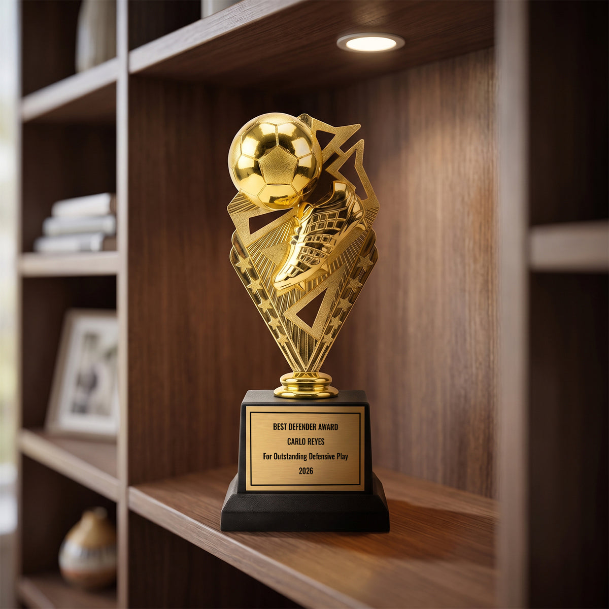 All Quality Soccer Trophy, Custom Engraved Ball & Cleat Figure, Black Base — Personalized Youth Soccer Award, MVP & Most Improved Player Gift