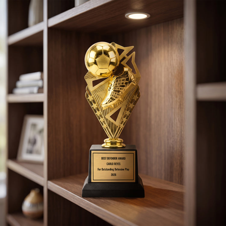 All Quality Soccer Trophy, Custom Engraved Ball & Cleat Figure, Black Base — Personalized Youth Soccer Award, MVP & Most Improved Player Gift