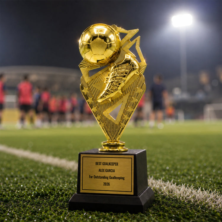 All Quality Soccer Trophy, Custom Engraved Ball & Cleat Figure, Black Base — Personalized Youth Soccer Award, MVP & Most Improved Player Gift