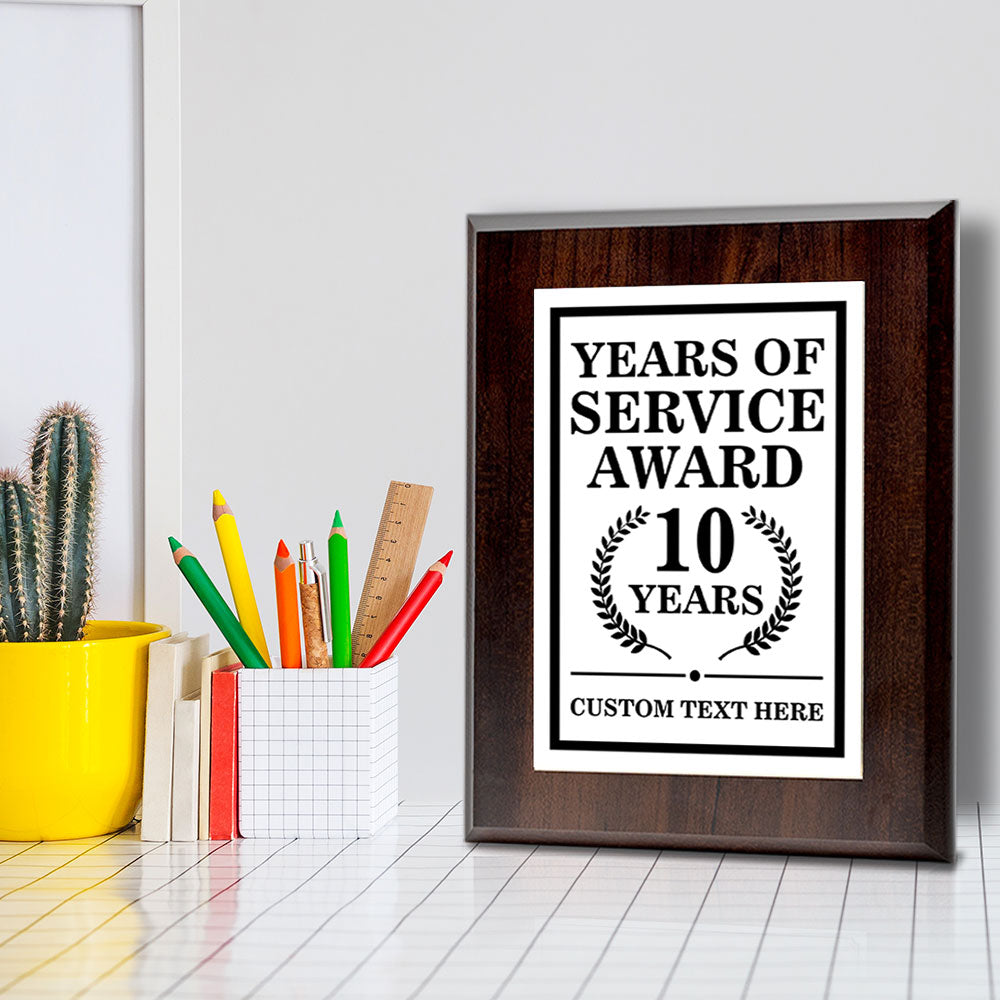 Years of Service Award Plaque — 10 Years Award Personalized (Wooden) Wall Plaque With Easel Acrylic Stand | Workplace Recognition Ceremonies Award Plaques