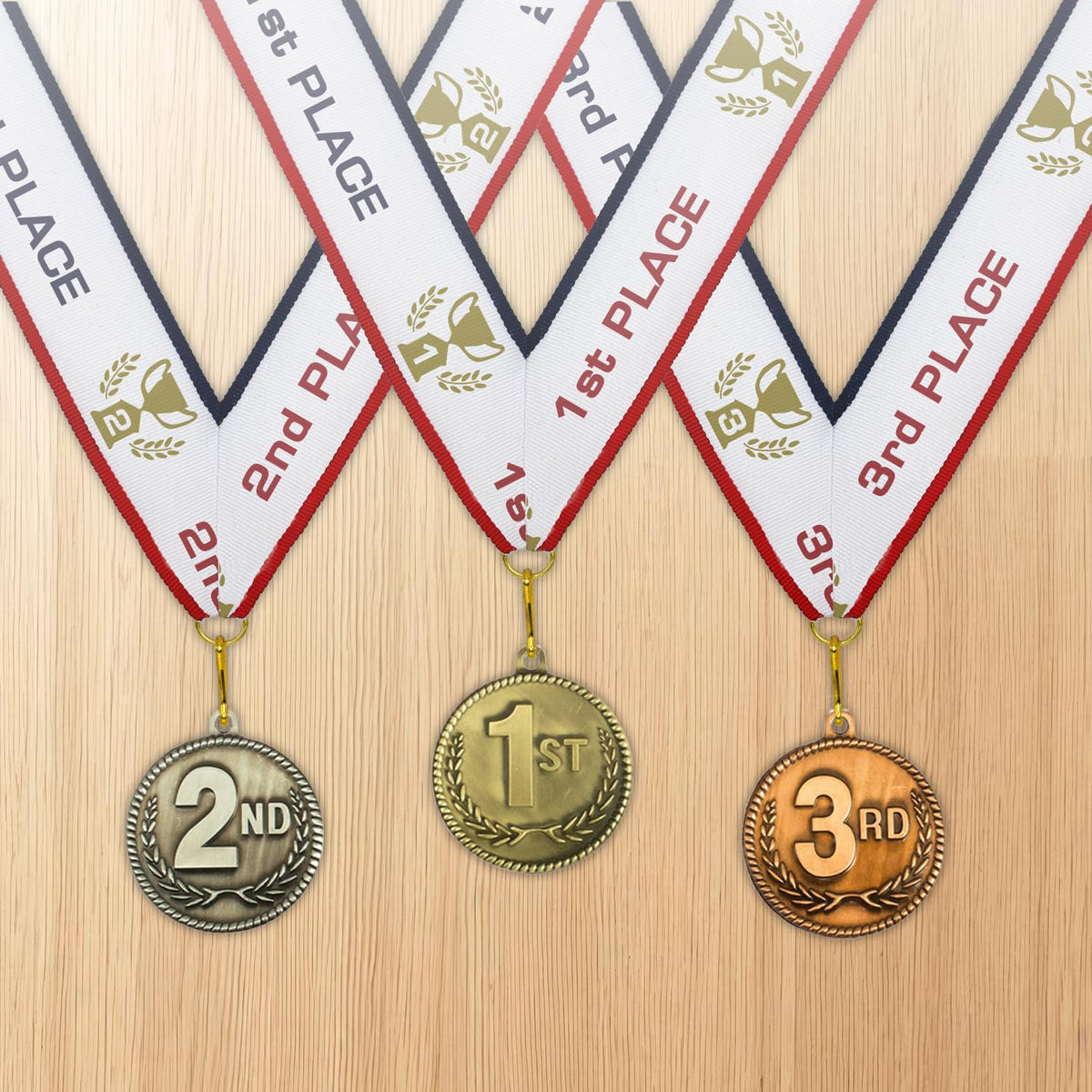 1st 2nd 3rd Place High Relief Award Medals - 3 Piece Set (Gold, Silver, Bronze) Includes Custom Designed Neck Ribbon