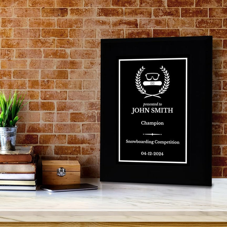Snowboarding Customizable Black Frame Wooden Award Plaque | Easel Mount Option | Achievement and Recognition Personalizable Plaques