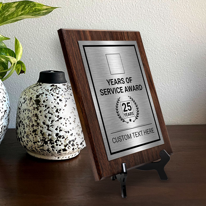 Years of Service Award Plaque — 25 Years Award Personalized (Wooden) Wall Plaque With Easel Acrylic Stand | Workplace Recognition Ceremonies Award Plaques