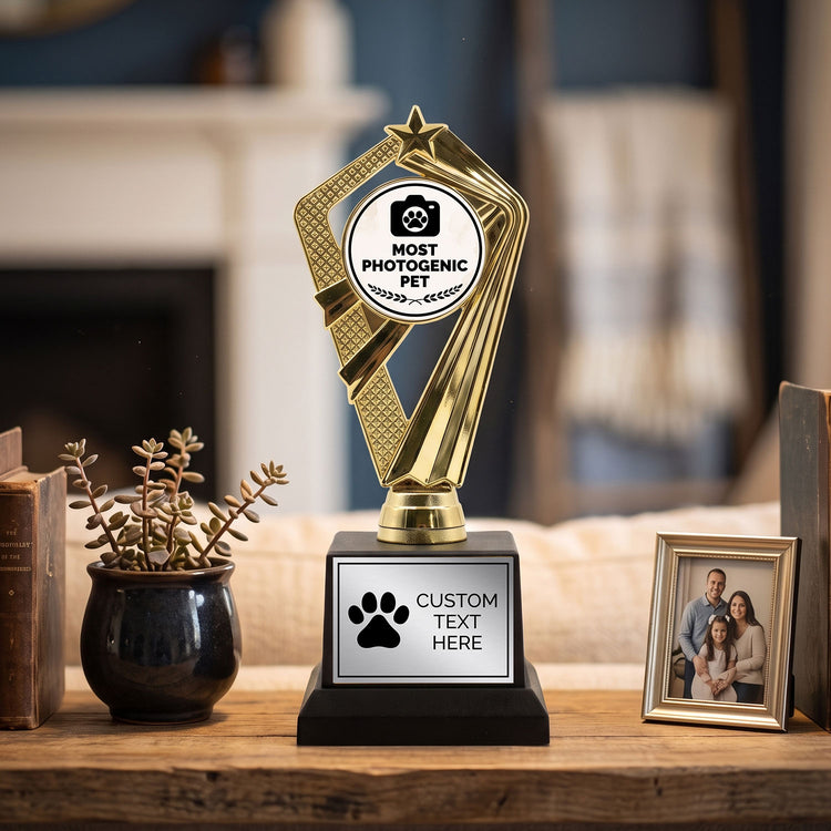 Gaucho Goods Most Photogenic Pet Trophy, Custom Engraved Pet Award — Personalized Award for Pet Photo Contests & Social Media Stars