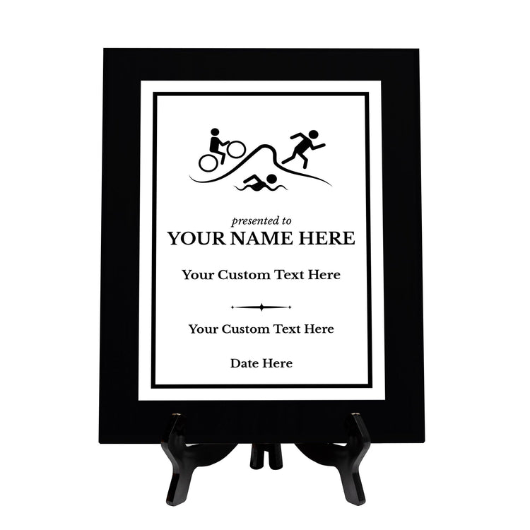 Triathlon Customizable Black Frame Wooden Award Plaque | Easel Mount Option | Achievement and Recognition Personalizable Plaques