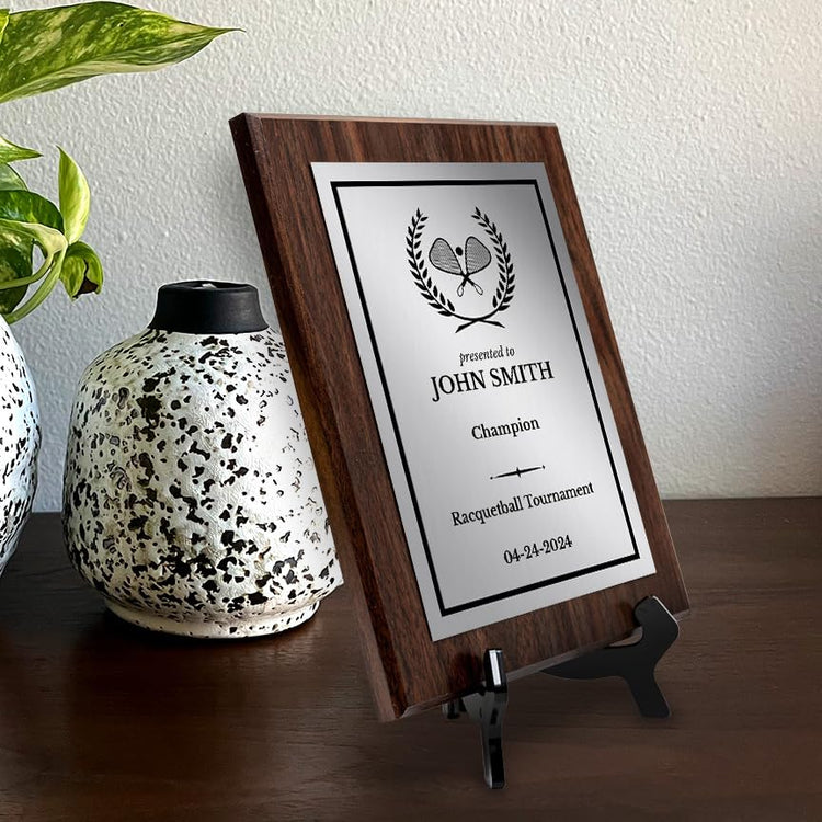 Racquetball Customizable Wooden Award Plaque | Easel Mount Option | Achievement and Recognition Personalizable Plaques | Sports Award