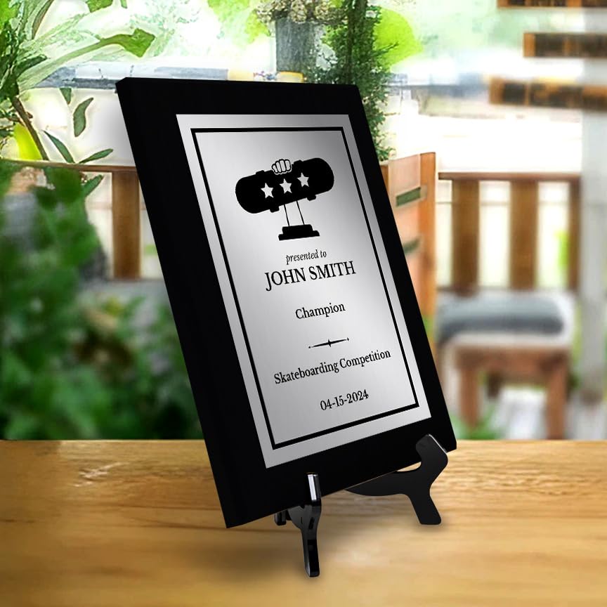 Skateboarding Customizable Black Frame Wooden Award Plaque | Easel Mount Option | Achievement and Recognition Personalizable Plaques