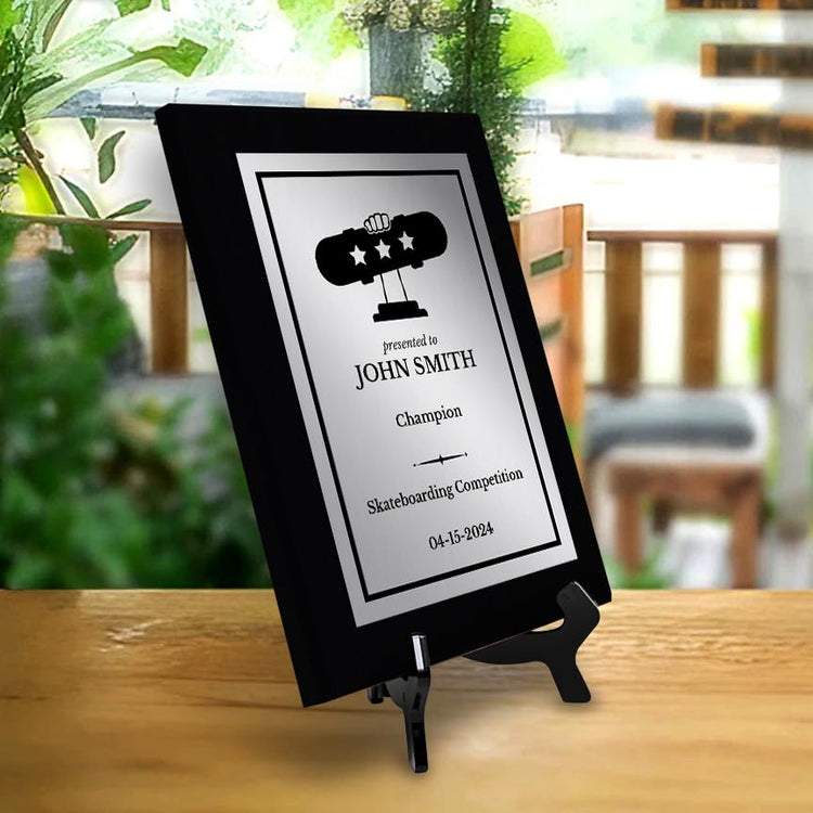 Skateboarding Customizable Black Frame Wooden Award Plaque | Easel Mount Option | Achievement and Recognition Personalizable Plaques