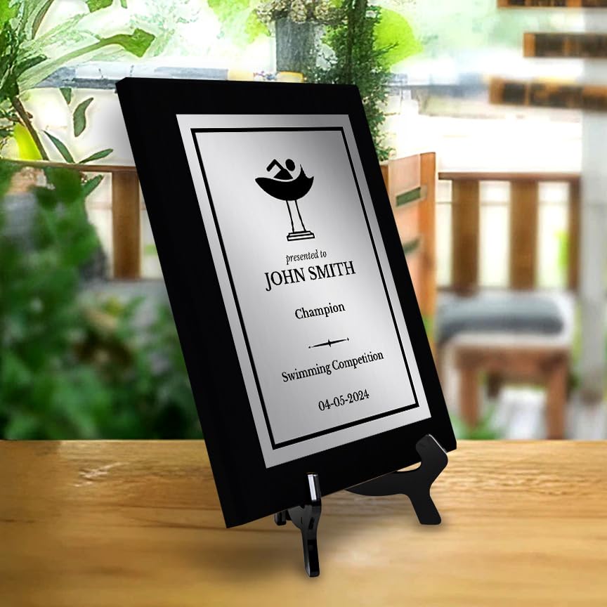Swimming Customizable Black Frame Wooden Award Plaque | Easel Mount Option | Achievement and Recognition Personalizable Plaques