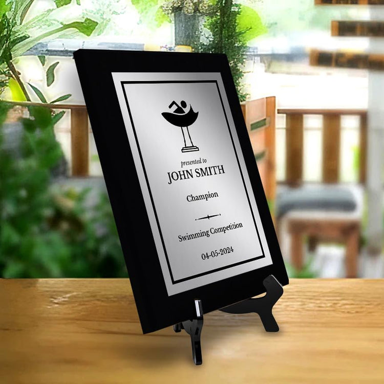 Swimming Customizable Black Frame Wooden Award Plaque | Easel Mount Option | Achievement and Recognition Personalizable Plaques