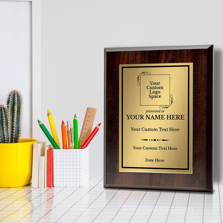Custom Insert Your Logo (Square) Wreath Award Wooden Plaque | Recognition of Achievement and Service Personalizable Plaques