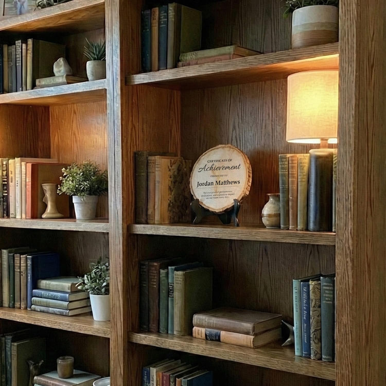 Customizable Rustic Round (Award Themed) Wood Signs – Natural Bark-Edge with a Sleek Black Acrylic Easel – For Counters, Doors & Walls