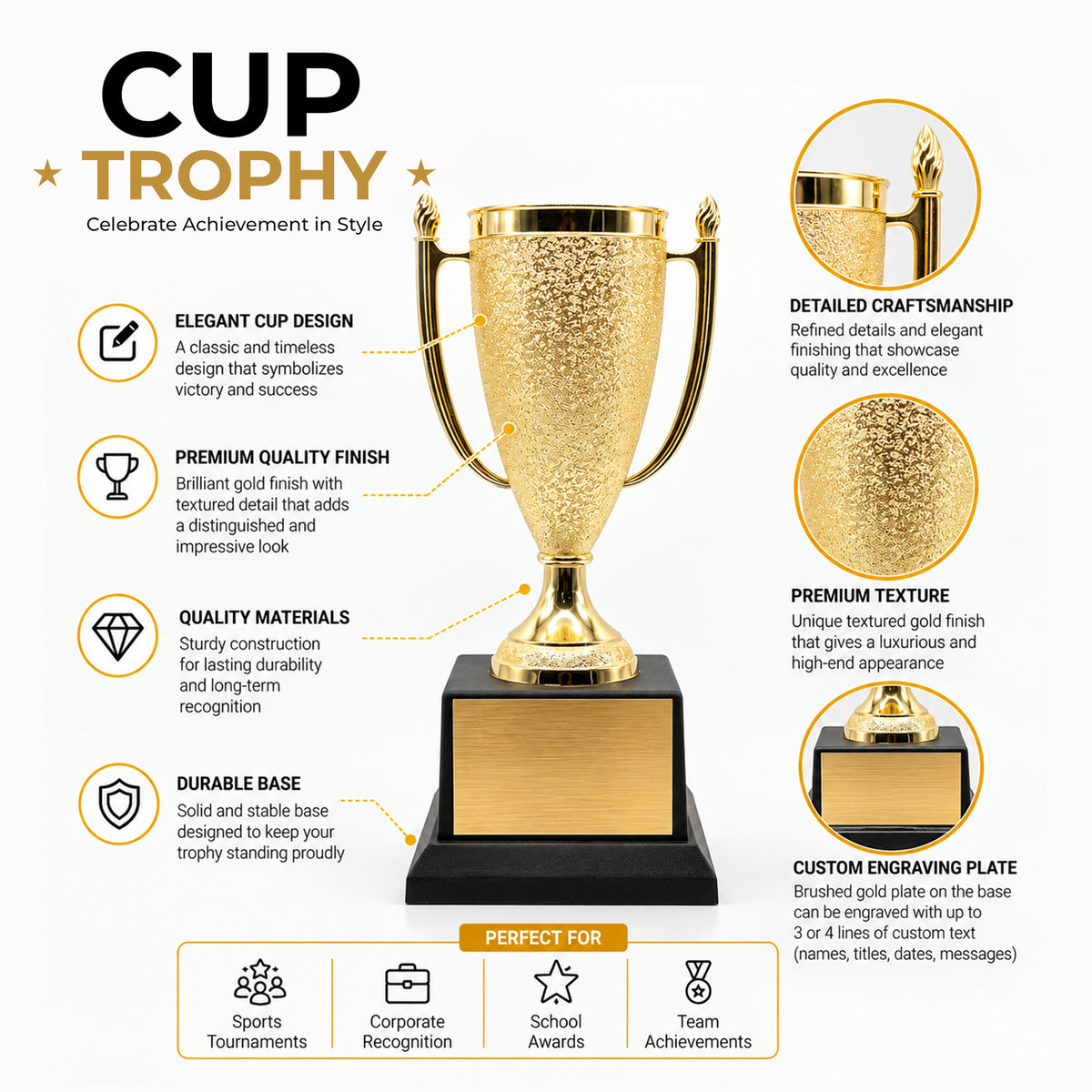 All Quality Cup Trophy, 1st 2nd 3rd Place or Set, Custom Engraved Gold Cup — Personalized Placement Awards for Sports, Contests & Competitions