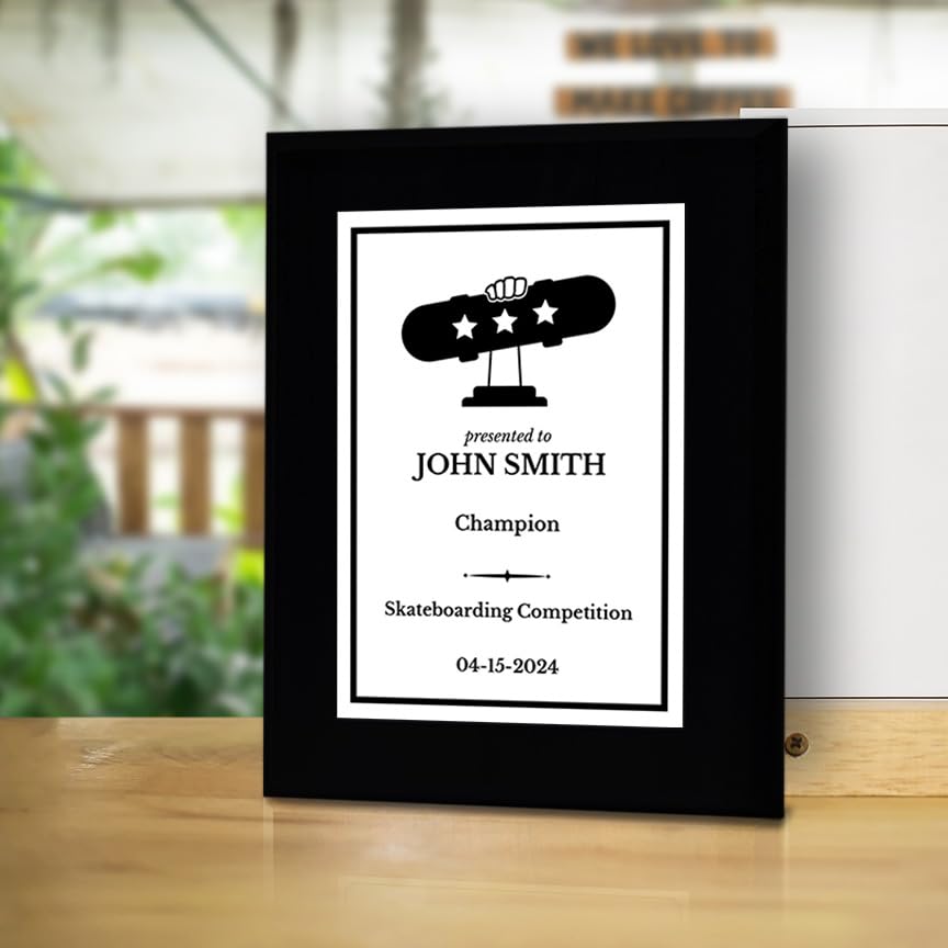 Skateboarding Customizable Black Frame Wooden Award Plaque | Easel Mount Option | Achievement and Recognition Personalizable Plaques