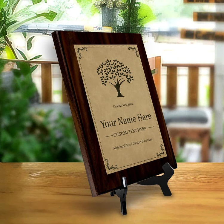 Tree Design Award Theme, Wooden Frame Customizable Leatherette Award Plaque | Easel Mount Option | Recognition of Achievement and Service Personalizable Plaques