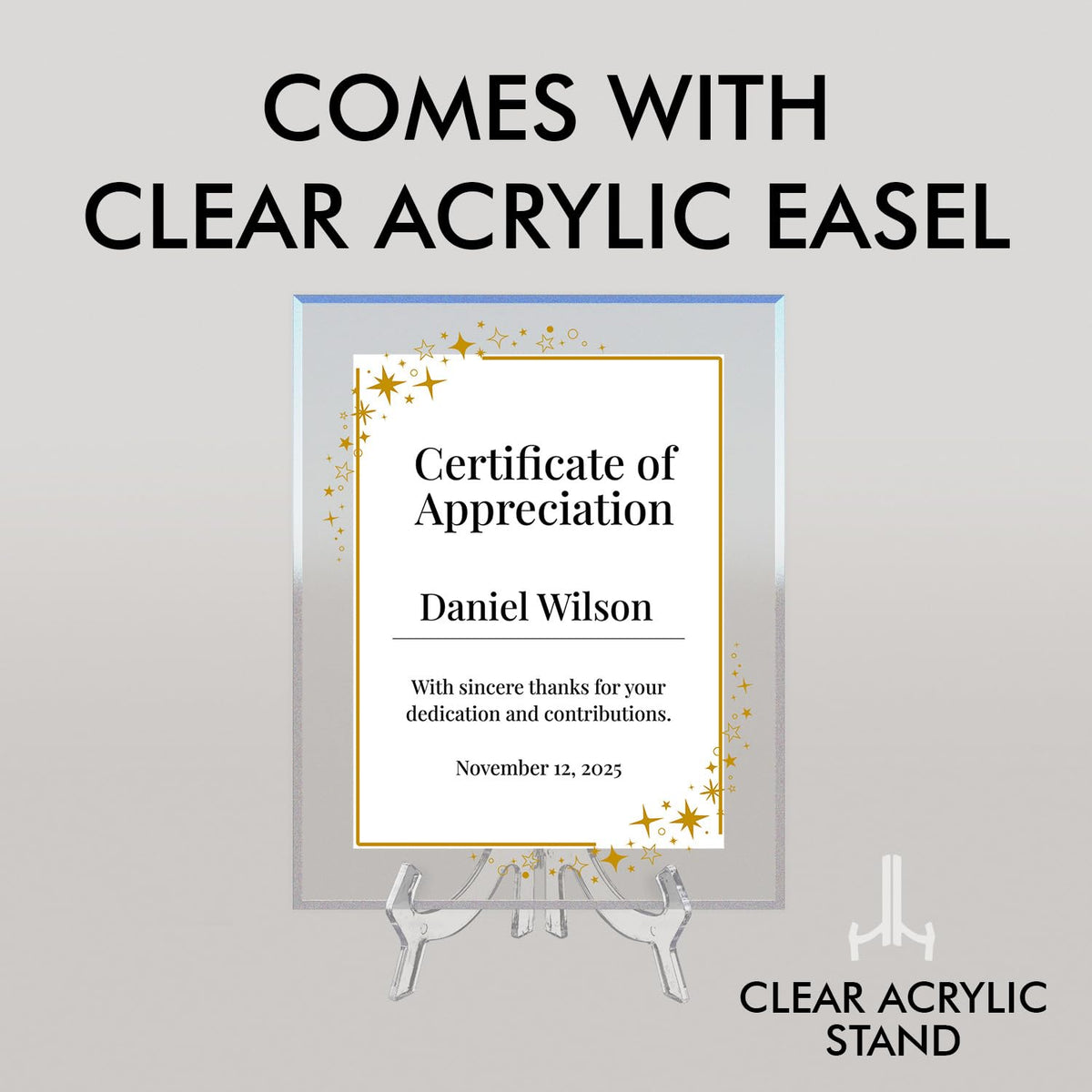 Signs ByLITA Personalized Acrylic Award Plaque with Corner Stars Design – Custom Engraved Clear Desk Award, Recognition Gift, Office Decor (Multiple Sizes)