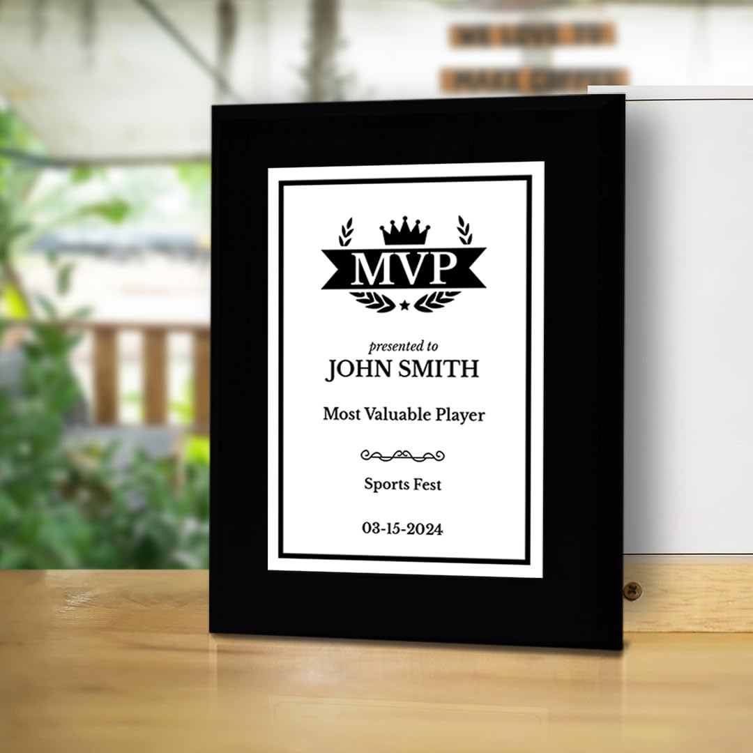 MVP (Most Valuable Player) Customizable Black Frame Award Plaque | Easel Mount Option | Achievement and Recognition Personalizable Plaques