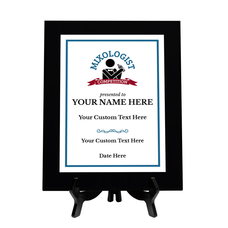 Mixologist Competition Customizable Black Frame Award Plaque | Easel Mount Option | Achievement and Recognition Personalizable Plaques
