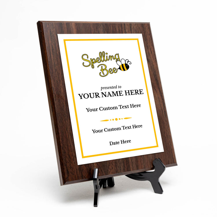 Spelling Bee Competition Custom Award Plaque | Easel Mount Option | Achievement and Recognition Personalizable Plaques