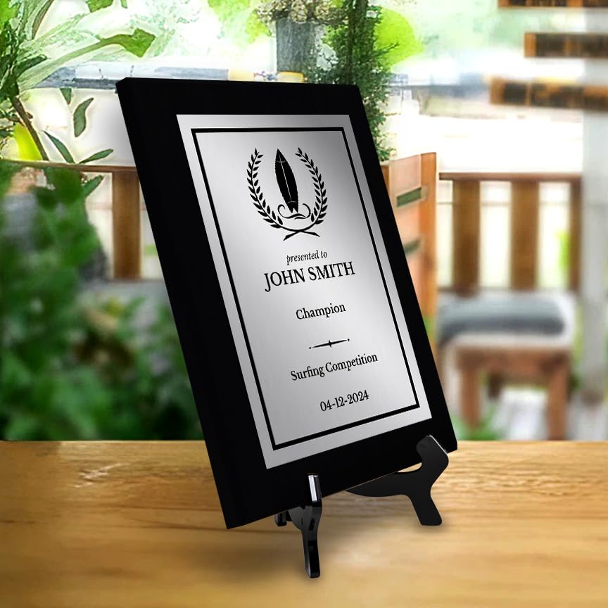 Surfing Customizable Black Frame Wooden Award Plaque | Easel Mount Option | Achievement and Recognition Personalizable Plaques