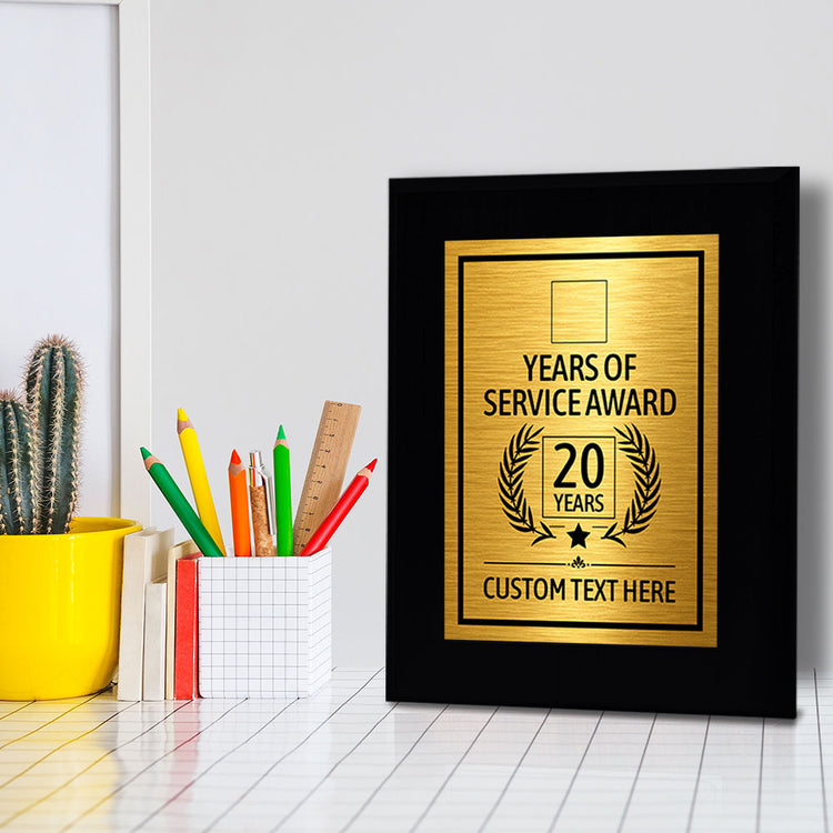 Years of Service Award Plaque — 20 Years Award Personalized (Black) Wall Plaque With Easel Acrylic Stand | Workplace Recognition Ceremonies Award Plaques