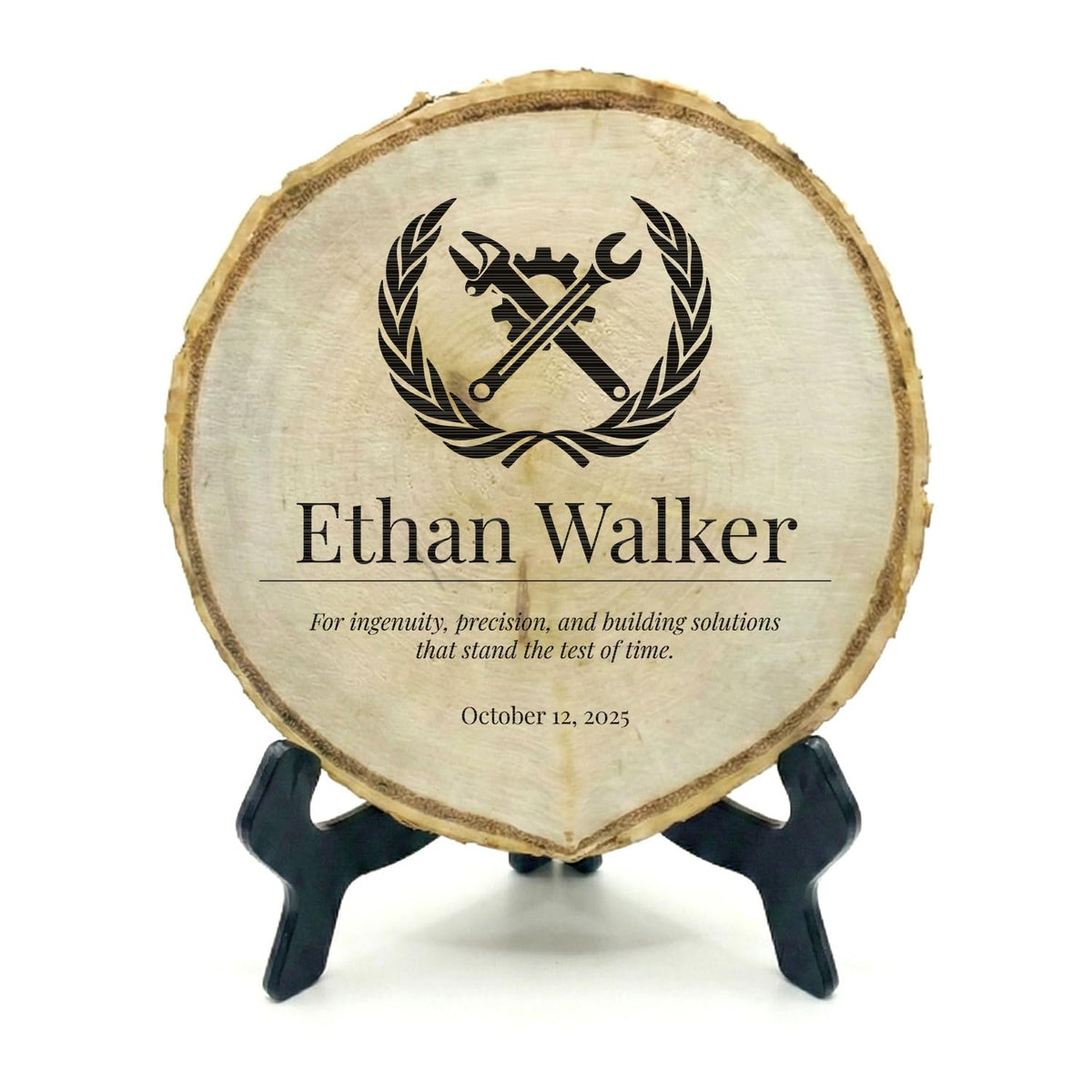 Customizable Rustic Round (Professional Award) Wood Signs – Natural Bark-Edge with a Sleek Black Acrylic Easel – For Counters, Doors & Walls