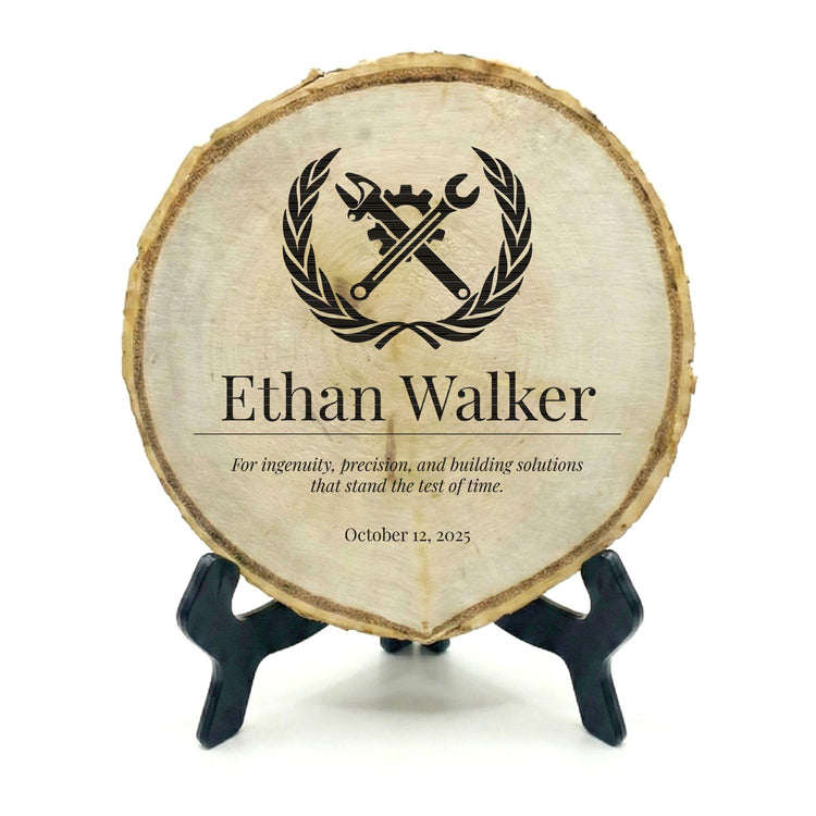 Customizable Rustic Round (Professional Award) Wood Signs – Natural Bark-Edge with a Sleek Black Acrylic Easel – For Counters, Doors & Walls