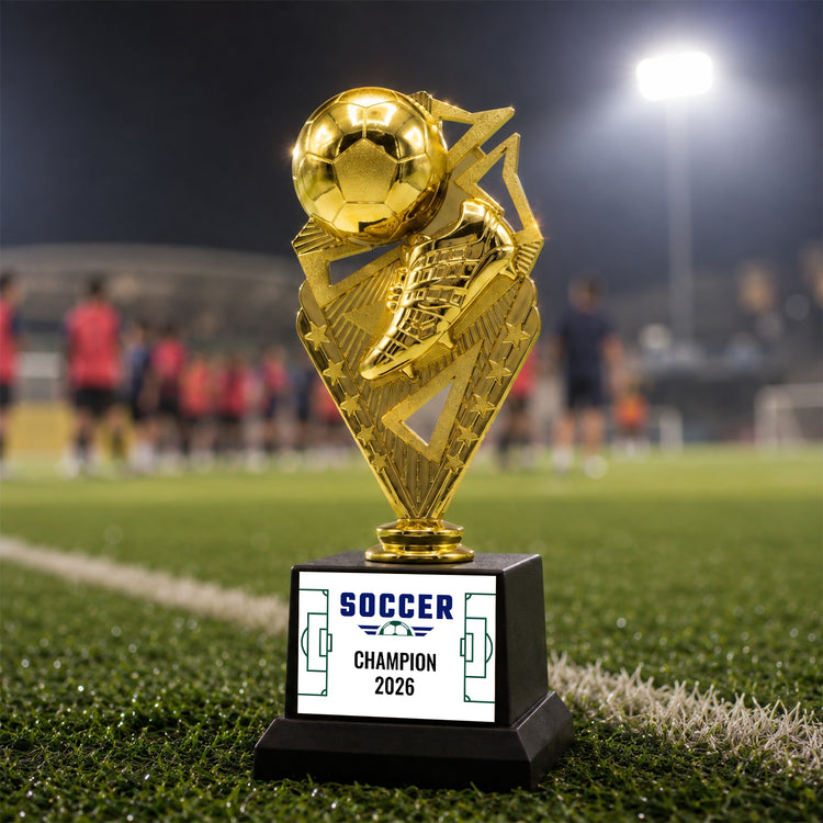 All Quality Soccer Trophy, Custom Engraved Ball & Cleat Figure, Black Base — Personalized Youth Soccer Award, MVP & Most Improved Player Gift