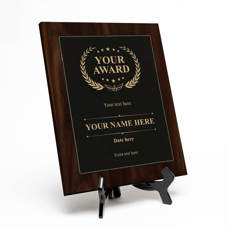 Customizable Leatherette Award Plaque, Wooden Frame Custom Wall Plaque With Optional Acrylic Easel Stand | Personalized Engraving