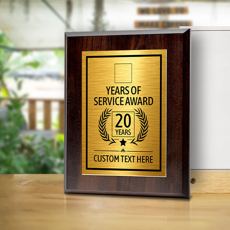 Years of Service Award Plaque — 20 Years Award Personalized (Wooden) Wall Plaque With Easel Acrylic Stand | Workplace Recognition Ceremonies Award Plaques